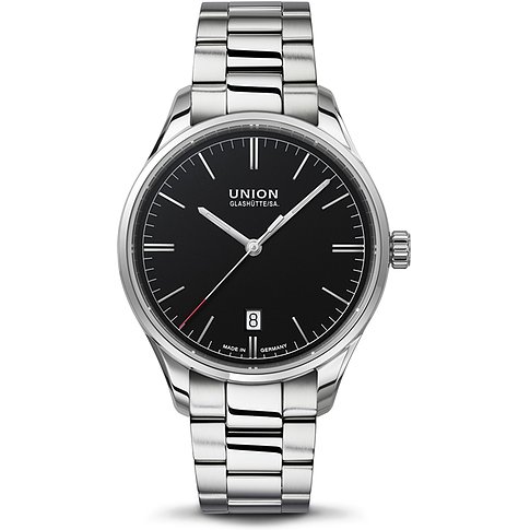 Union Glashütte Unisexuhr mit Edelstahlgehäuse, schwarzem Zifferblatt und Datum.