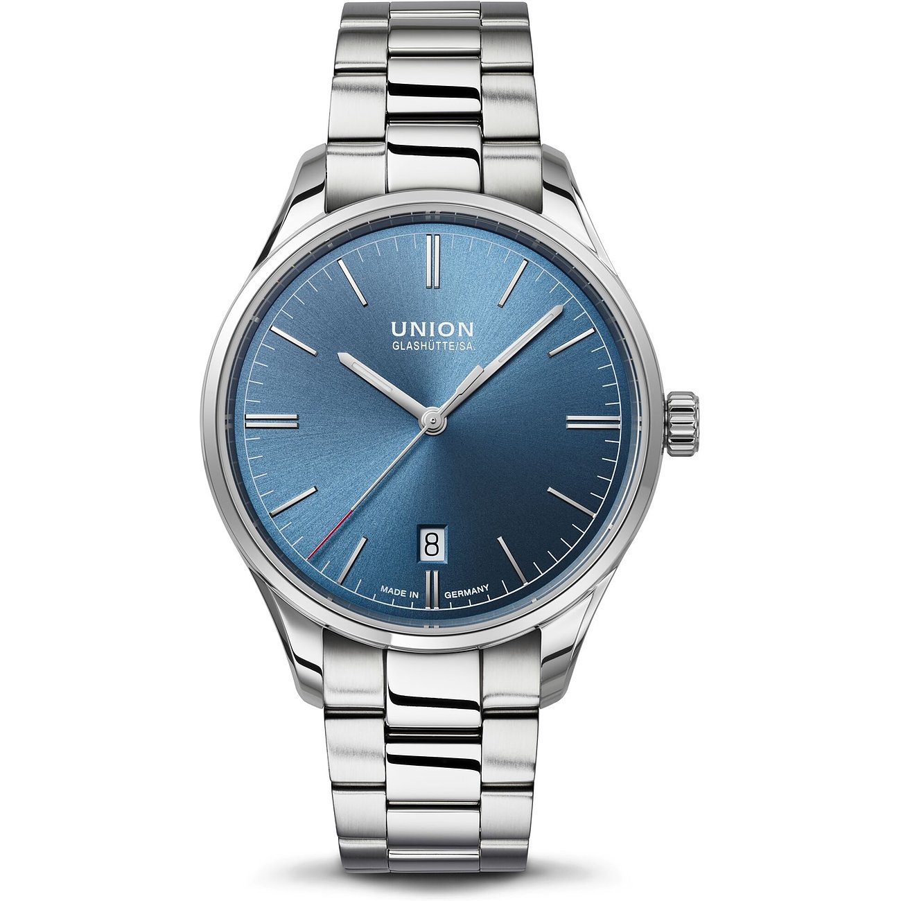Union Glashütte Unisexuhr mit Edelstahlgehäuse und blauem Zifferblatt.