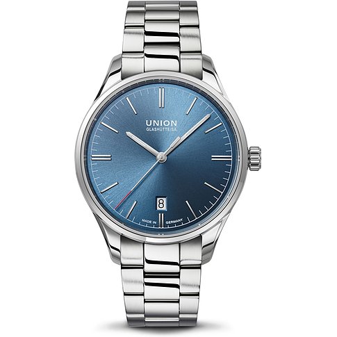 Union Glashütte Unisexuhr mit Edelstahlgehäuse und blauem Zifferblatt.