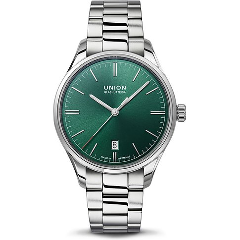 Union Glashütte Unisexuhr mit Edelstahlgehäuse, grünem Zifferblatt und Datum.