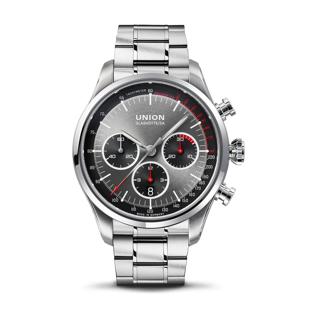 Union Glashütte Herrenuhr mit Edelstahlgehäuse, grauem Zifferblatt und Chronograph.