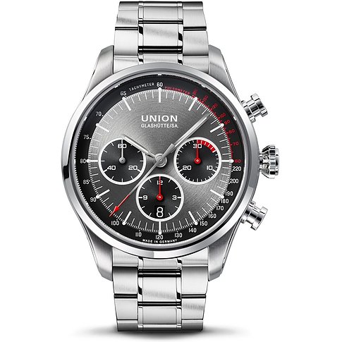Union Glashütte Herrenuhr mit Edelstahlgehäuse, grauem Zifferblatt und Chronograph.