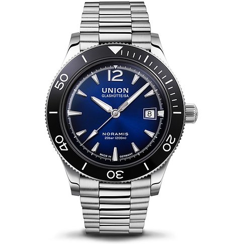 Union Glashütte Herrenuhr mit Edelstahlgehäuse, blauem Zifferblatt und schwarzer Lünette.