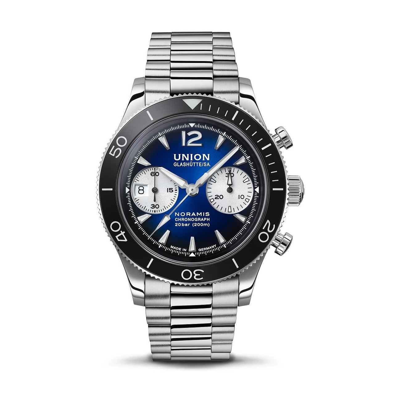 Union Glashütte Herrenuhr mit Edelstahlgehäuse und Keramiklünette, blaues Zifferblatt.