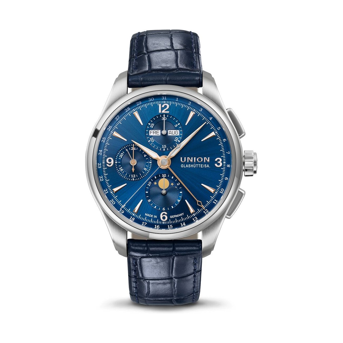 Eine Herrenuhr von Union Glashütte aus Edelstahl und blauem Zifferblatt mit Krokoprägung-Lederarmband.