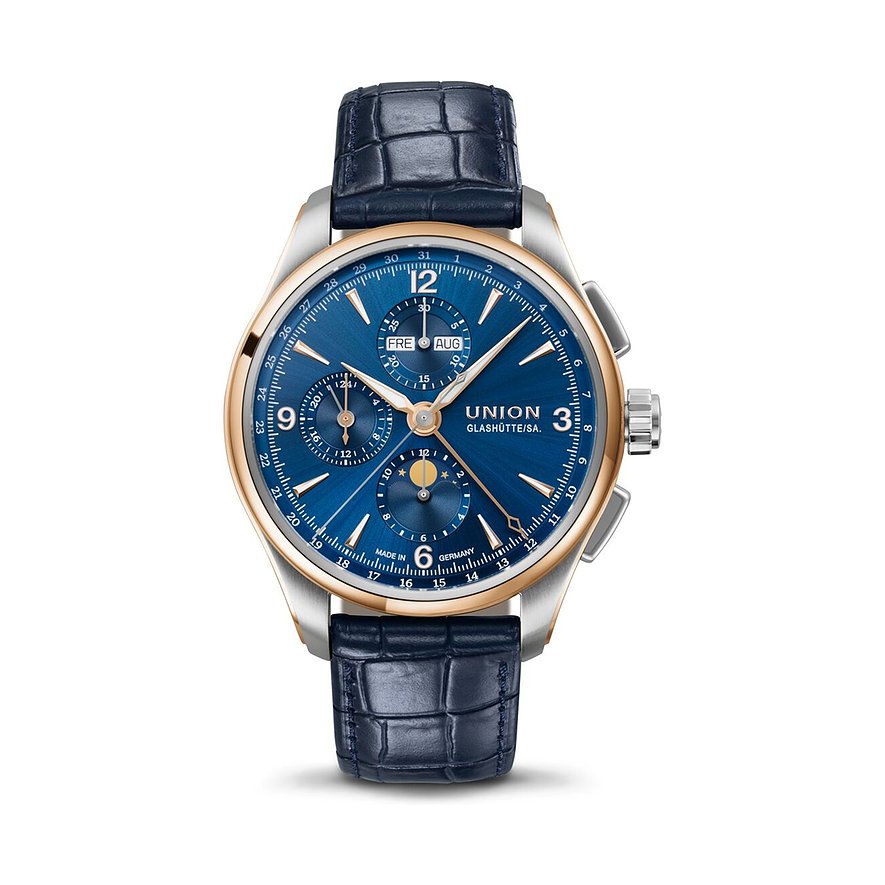 Union Glashütte Chronograph Belisar Mondphase D9074254604701, Herren, Edelstahl, 750er Roségold, Armband: Kalbleder, Automatik, analog