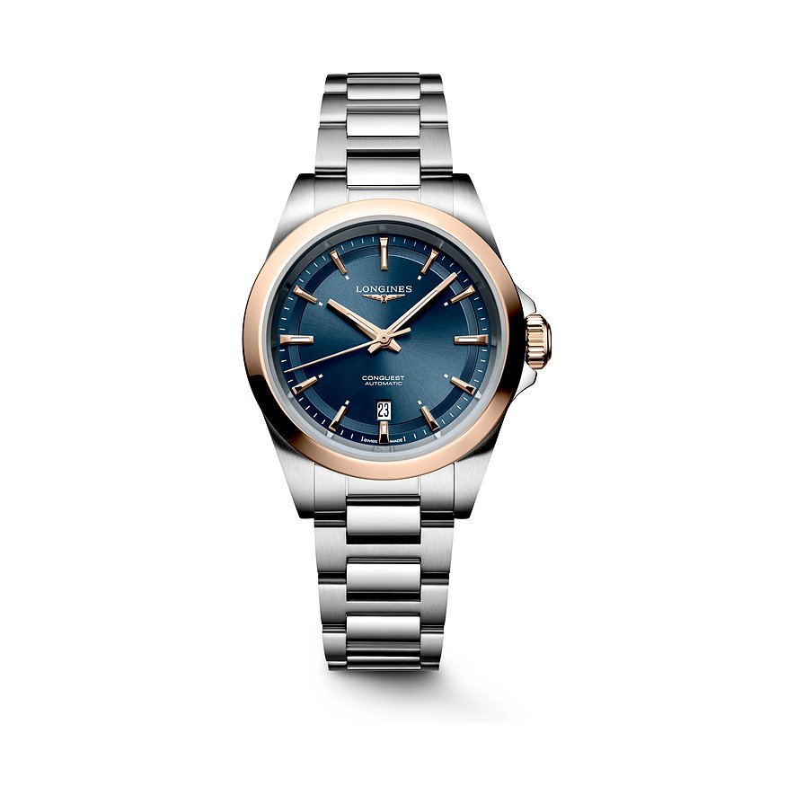 Longines Conquest Damenuhr mit Edelstahlgehäuse, Roségold-Lünette und blauem Zifferblatt.