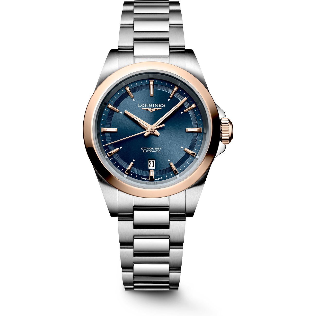 Longines Conquest Damenuhr mit Edelstahlgehäuse, Roségold-Lünette und blauem Zifferblatt.
