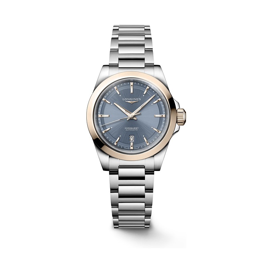 Longines Damenuhr aus Edelstahl und Roségold mit grauem Zifferblatt und Datumsanzeige.