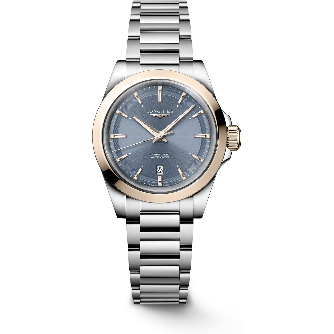 Longines Damenuhr aus Edelstahl und Roségold mit grauem Zifferblatt und Datumsanzeige.