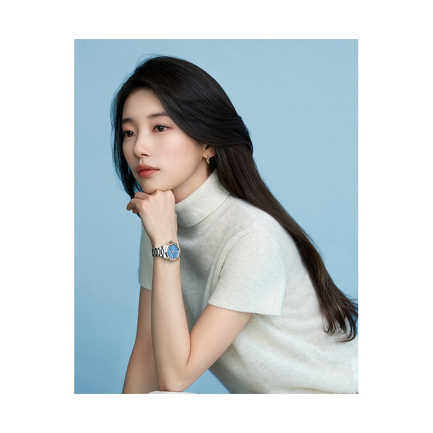 Longines Damenuhr mit Edelstahlgehäuse, Roségold und blauem Zifferblatt.