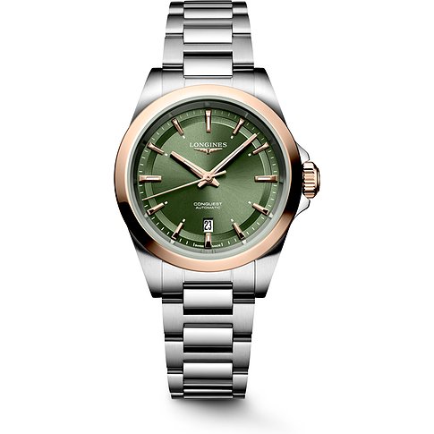 Longines Conquest Damenuhr mit Edelstahlgehäuse, Gelbgold-Lünette und grünem Zifferblatt.