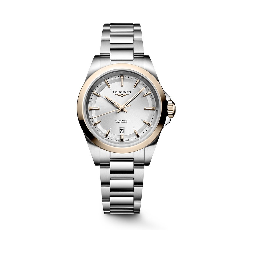 Longines Conquest Damenuhr mit Edelstahlgehäuse und Gelbgold-Lünette, analog.