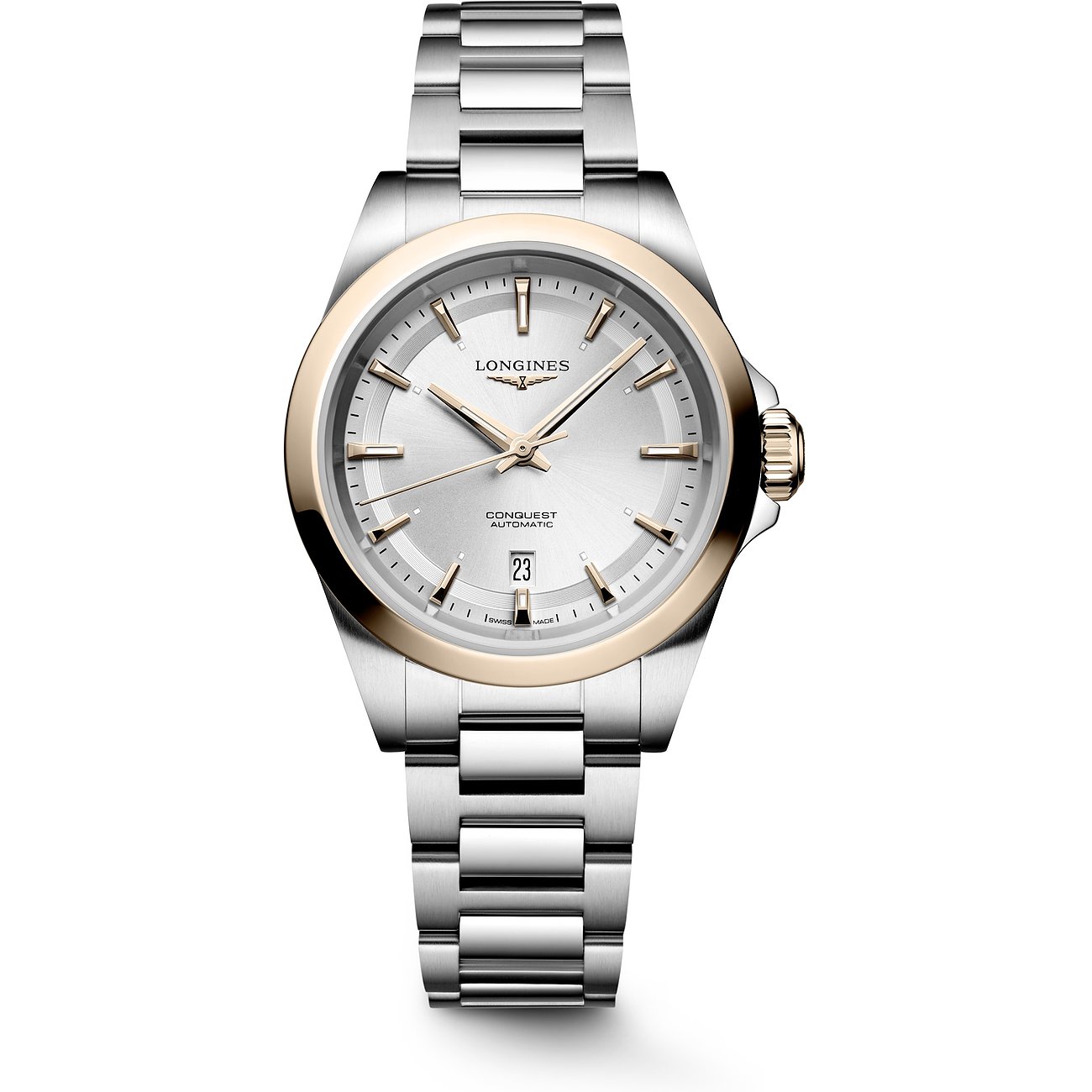 Longines Conquest Damenuhr mit Edelstahlgehäuse und Gelbgold-Lünette, analog.
