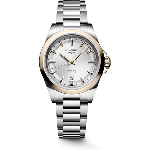 Longines Conquest Damenuhr mit Edelstahlgehäuse und Gelbgold-Lünette, analog.