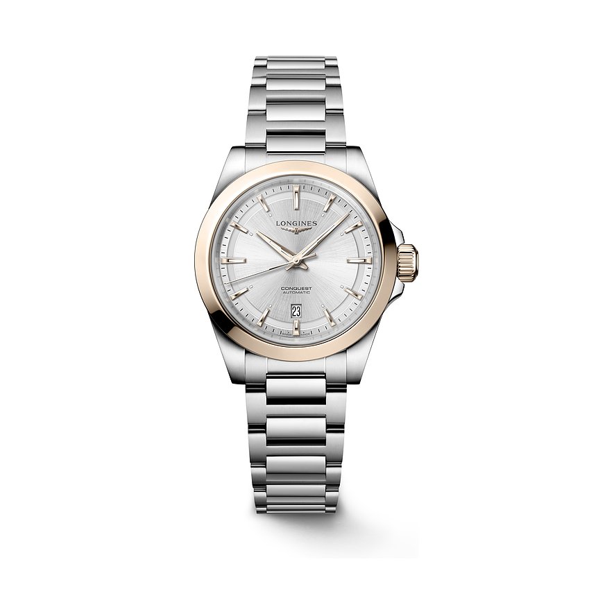 Eine Longines Damenuhr aus Edelstahl und Gelbgold (750er Legierung) mit silbernem Zifferblatt und Datumsanzeige.