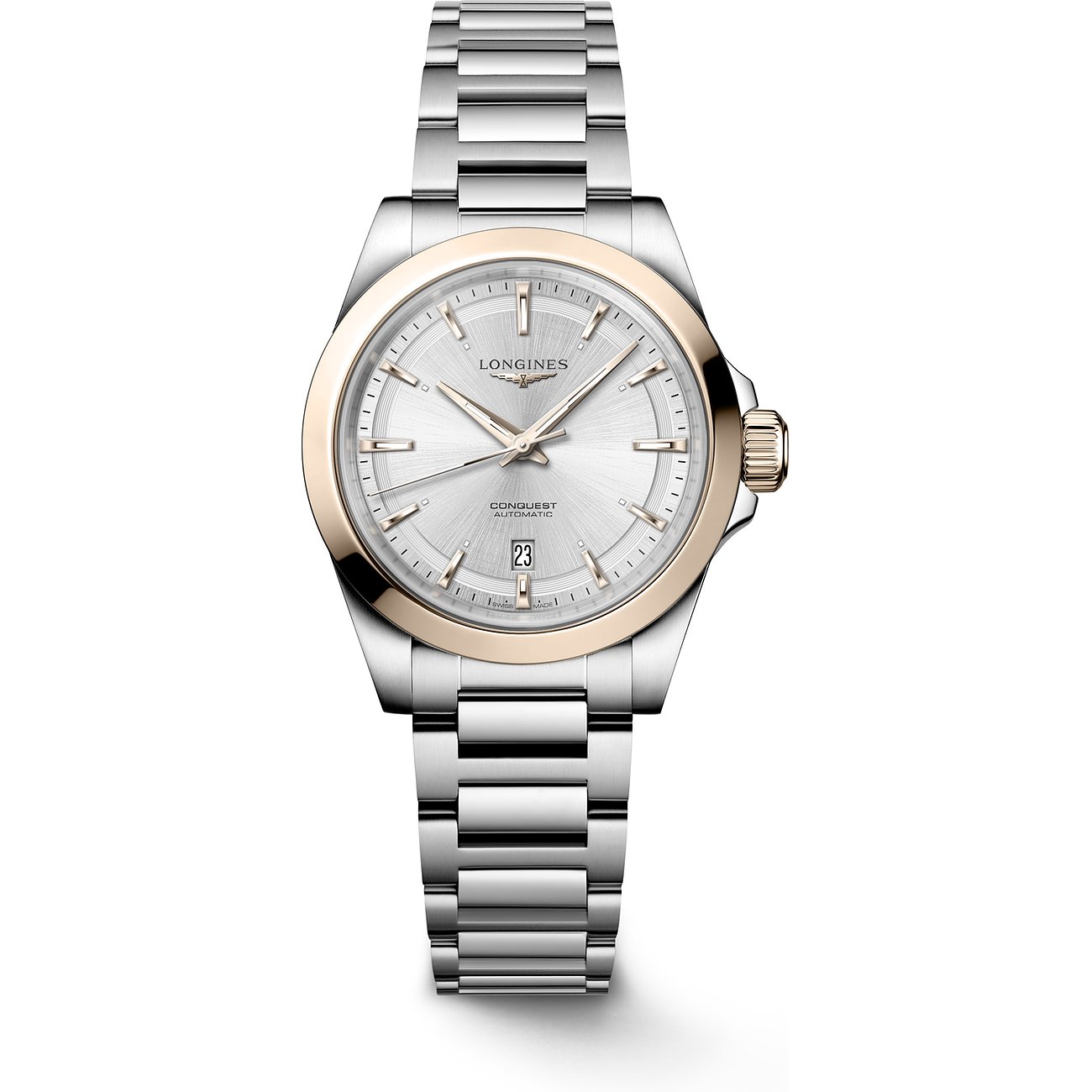 Eine Longines Damenuhr aus Edelstahl und Gelbgold (750er Legierung) mit silbernem Zifferblatt und Datumsanzeige.