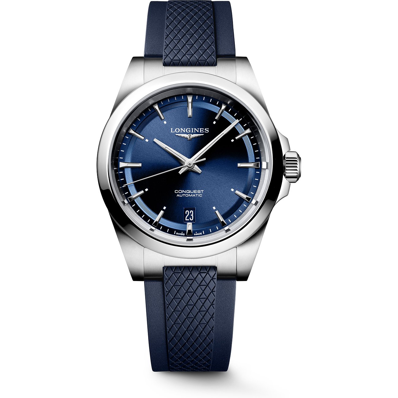 Longines Herrenuhr aus Edelstahl mit marineblauem Zifferblatt und passendem strukturierten Silikonarmband.