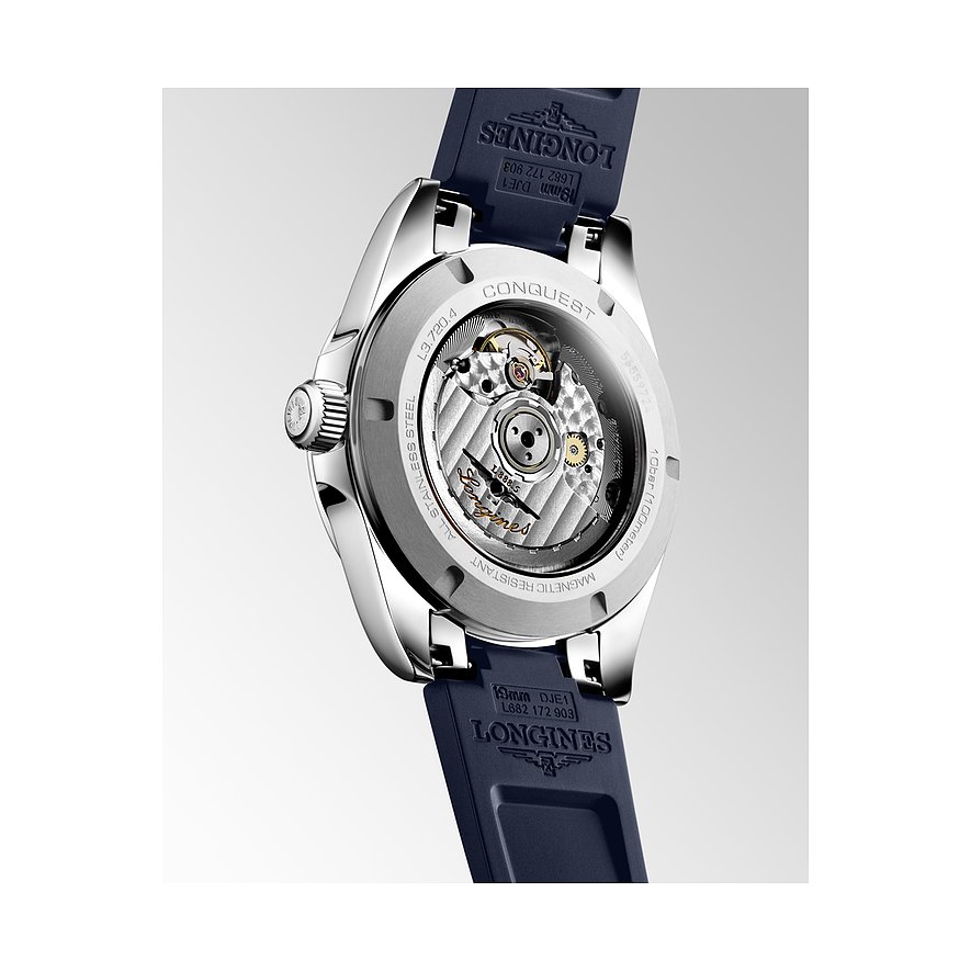 Rückansicht der Longines Herrenuhr aus Edelstahl mit einem blauen Armband und offenem Uhrwerk