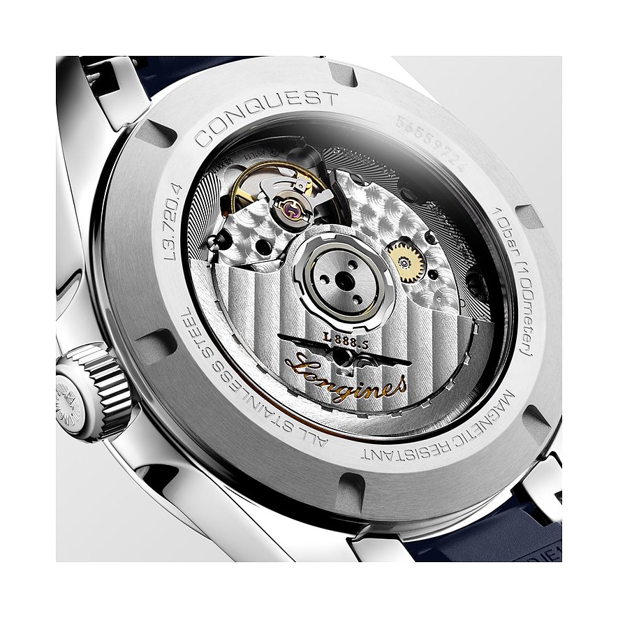 Rückseite einer Longines Herrenuhr aus Edelstahl mit sichtbarem Uhrwerk und „Longines“ Schriftzug.