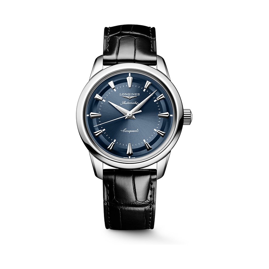 Longines Herrenuhr Conquest Heritage L16494922, Herren, Edelstahl, Armband: Alligator, Automatik, analog