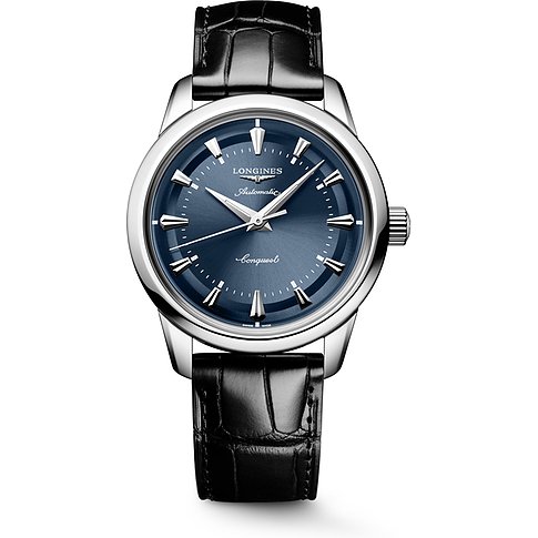 Longines Herrenuhr aus Edelstahl mit blauer Lünette, blauschimmerndem Zifferblatt und schwarzem Krokolederarmband.