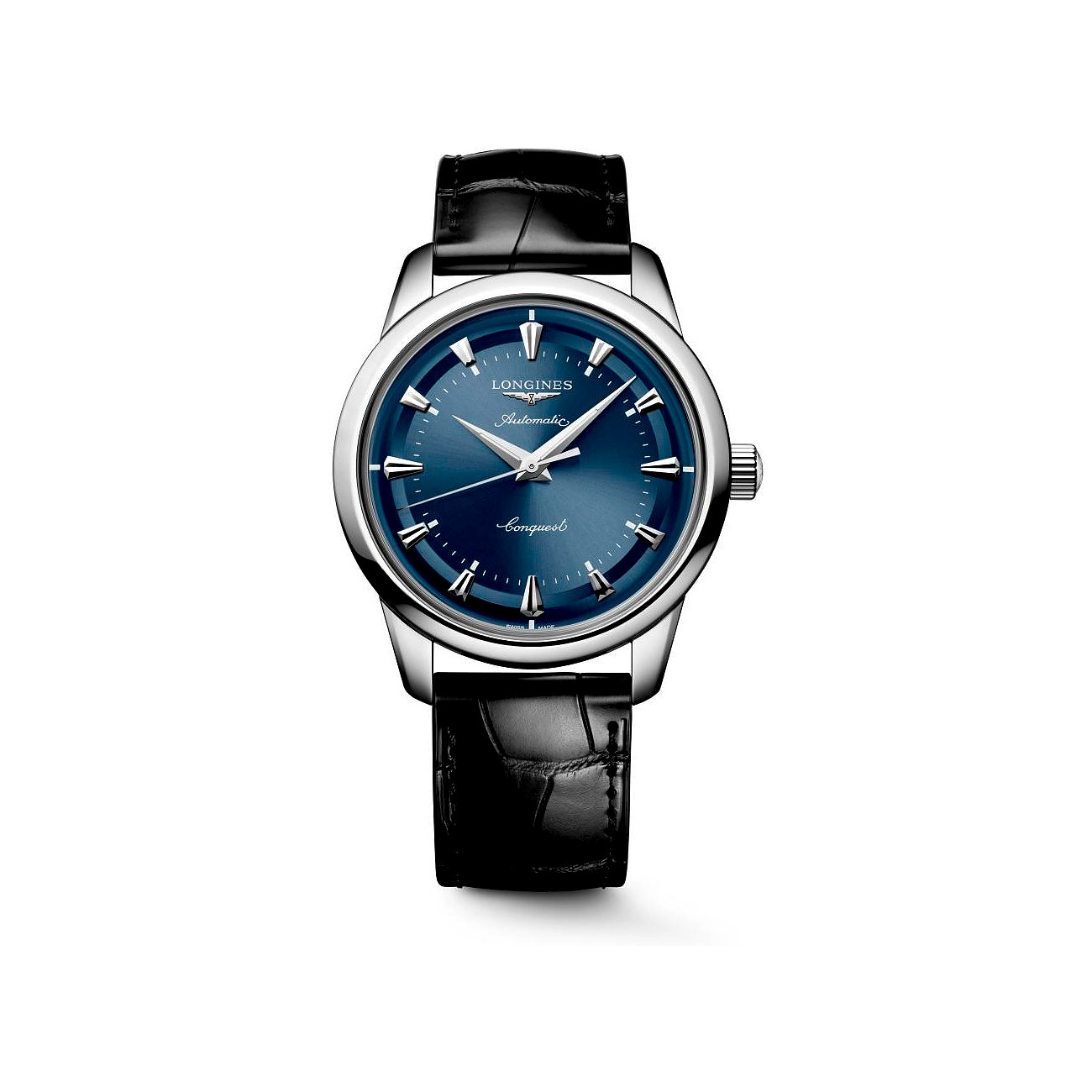 Longines Herrenuhr aus Edelstahl mit rundem, blauem Zifferblatt und schwarzem Lederarmband, Vorderansicht.