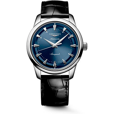 Longines Herrenuhr aus Edelstahl mit rundem, blauem Zifferblatt und schwarzem Lederarmband, Vorderansicht.