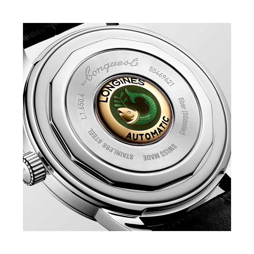 Rückseite einer Longines Herrenuhr aus Edelstahl mit „Longines Conquest Automatic“ Gravur und Logo.