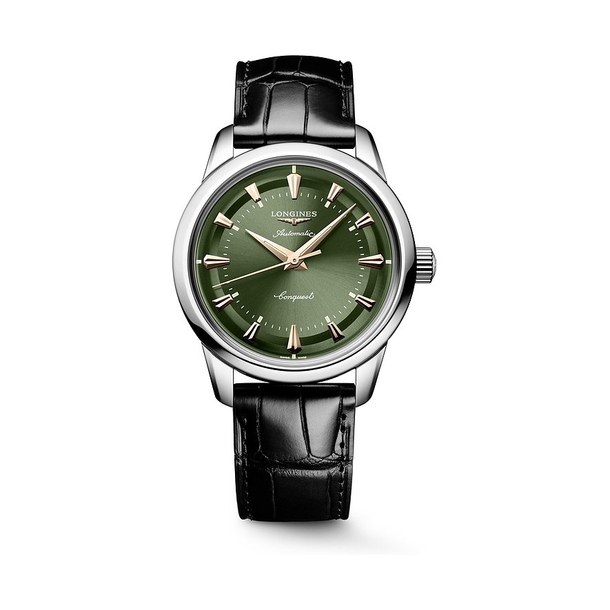 Longines Herrenuhr Conquest Heritage L16494022, Herren, Edelstahl, Armband: Alligator, Automatik, analog