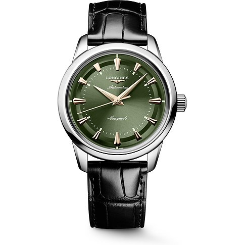 Longines Herrenuhr, Edelstahl, grünes Zifferblatt, schwarzes Krokolederarmband, schräg von oben. Longines Automatic Conquest.