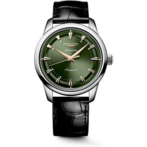 Longines Herrenuhr aus Edelstahl mit rundem, poliertem Gehäuse, dunkelgrünem Zifferblatt und schwarzem Lederarmband.