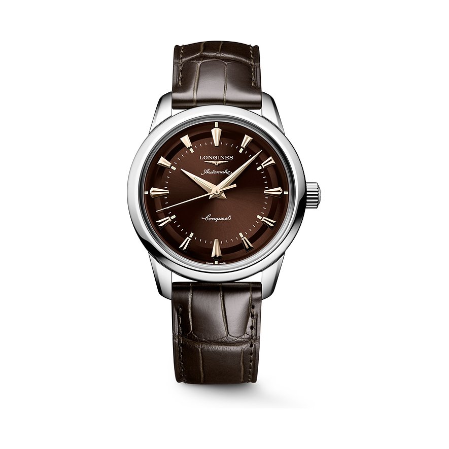 Longines Herrenuhr Conquest Heritage L16494622, Herren, Edelstahl, Armband: Alligator, Automatik, analog