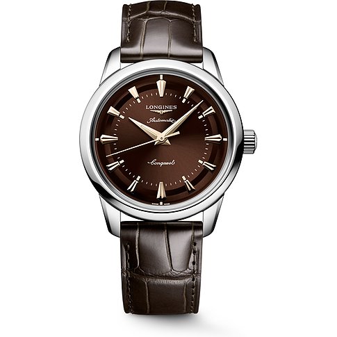 Longines Herrenuhr: braunes Zifferblatt, silberfarbene Markierungen, Edelstahlgehäuse, braunes Lederarmband.