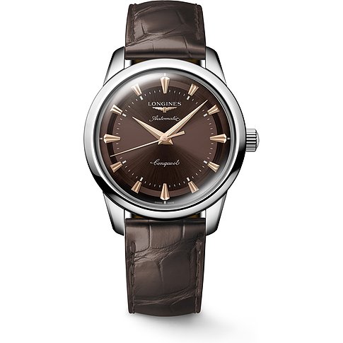 Longines Herrenuhr aus Edelstahl mit braunem Zifferblatt, goldenen Zeigern und braunem Lederarmband.