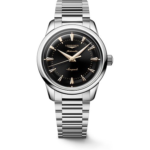 Longines Herrenuhr mit Edelstahlgehäuse und schwarzem Zifferblatt.