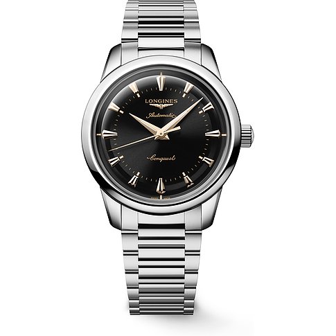 Longines Herrenuhr mit Edelstahlgehäuse, schwarzem Zifferblatt und goldenen Indizes.