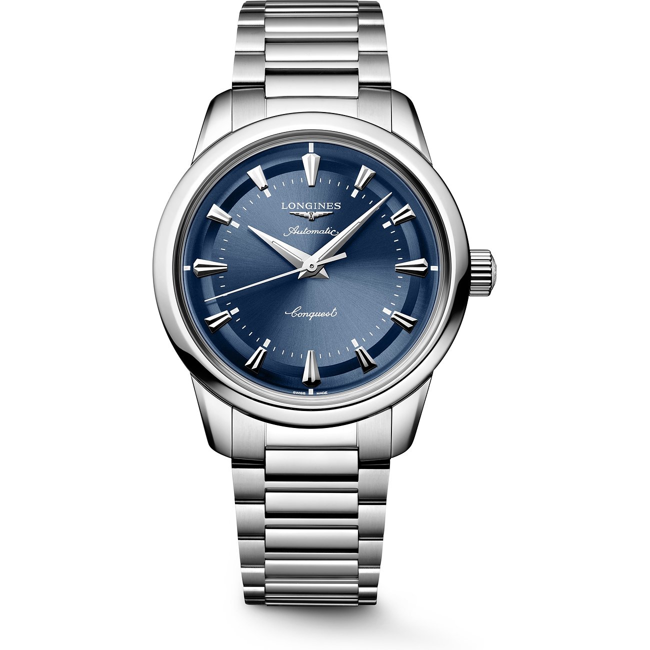 Longines Herrenuhr aus glänzendem Edelstahl mit blauem Zifferblatt und einem stilvollen Edelstahlarmband.