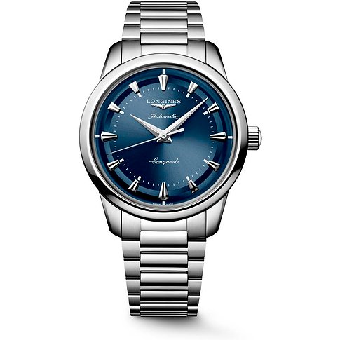 Longines Herrenuhr aus blauem und silbernem Edelstahl mit blauen Zifferblatt und silberfarbenes Armband.