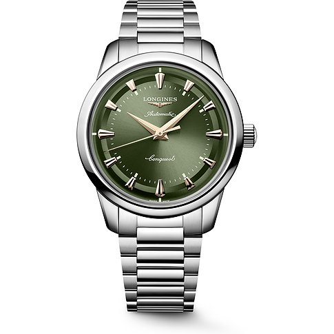 Longines Herrenuhr aus Edelstahl mit rundem, khaki-grünem Zifferblatt und silbernem Armband