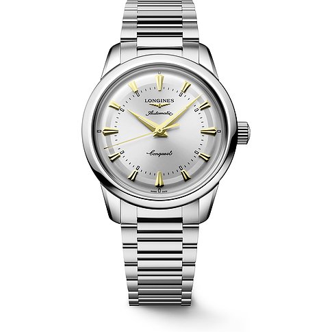 Longines Herrenuhr mit Edelstahlgehäuse, silberfarbenes Zifferblatt, goldfarbene Zeiger.