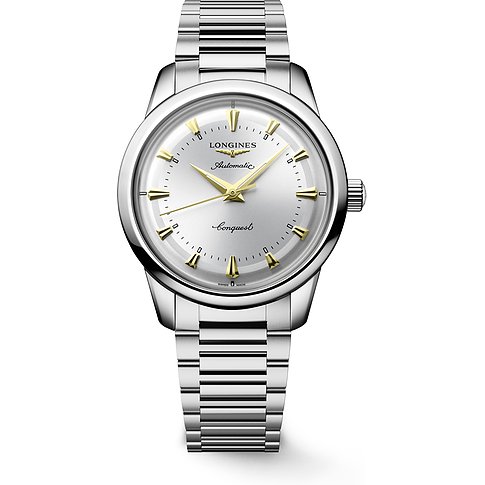 Longines Herrenuhr mit Edelstahlgehäuse, silberfarbenes Zifferblatt und goldfarbenen Indizes.