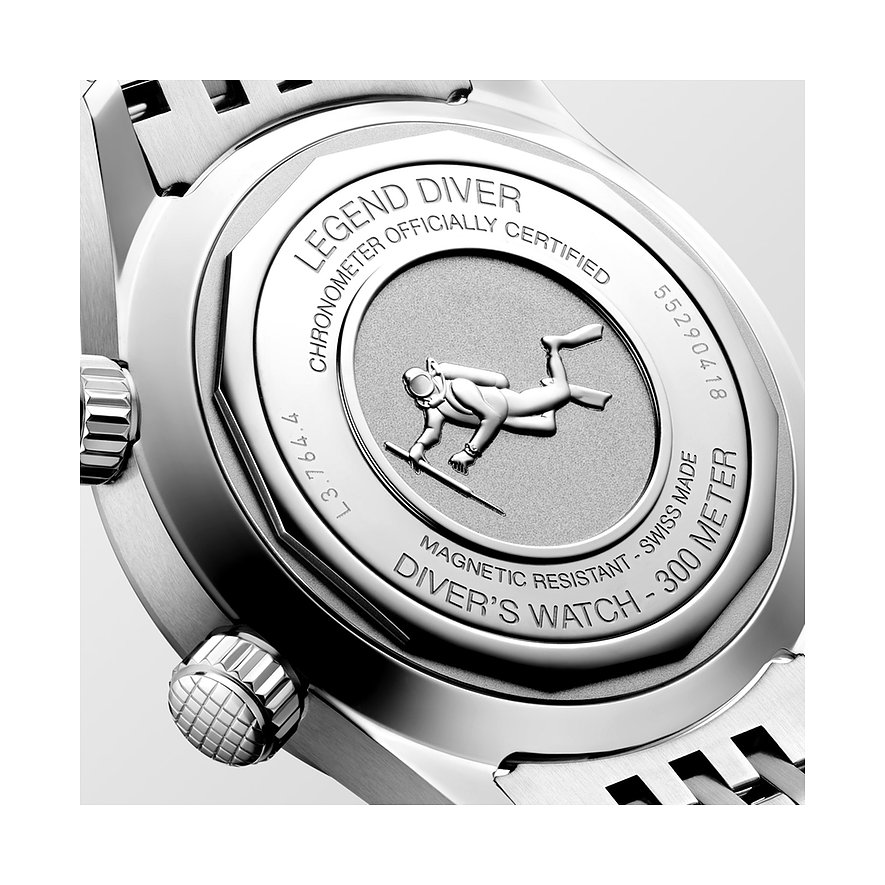 Longines Herrenuhr aus Edelstahl mit Taucher-Emblem und Sichtboden.