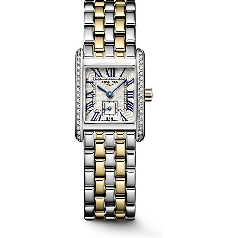 Longines Damenuhr mit Edelstahlgehäuse, bicolor, mit Diamanten besetzter Lünette.
