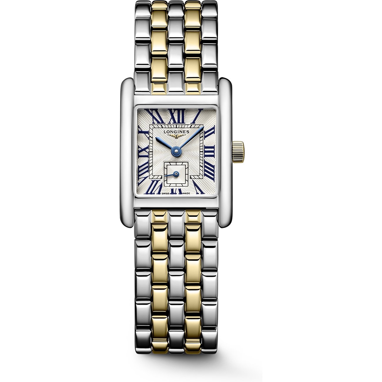 Longines Damenuhr mit Edelstahlgehäuse, bicolor, analog mit römischen Ziffern.