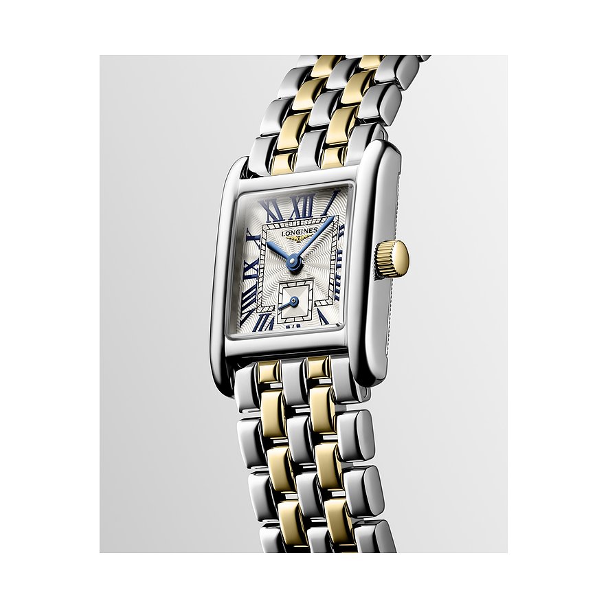 Longines Damenuhr mit Edelstahlgehäuse, bicolor, mit römischen Ziffern.