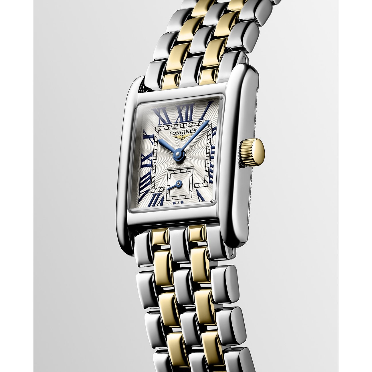 Longines Damenuhr mit Edelstahlgehäuse, bicolor, mit römischen Ziffern.