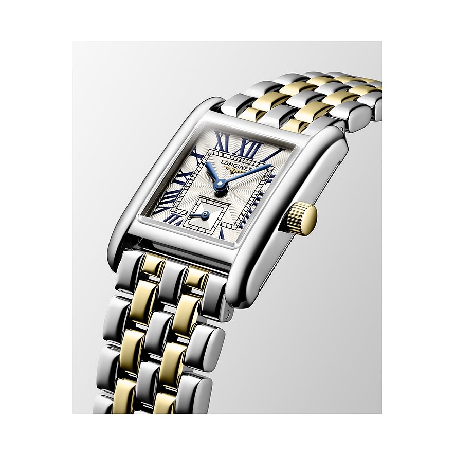 Longines Damenuhr mit Edelstahlgehäuse, bicolor, analog.