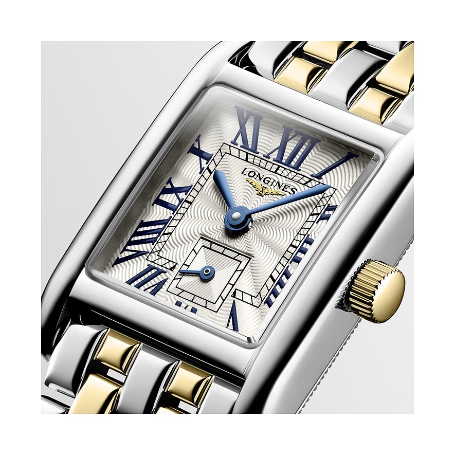 Longines Damenuhr mit Edelstahlgehäuse, bicolor, analog, mit römischen Ziffern.