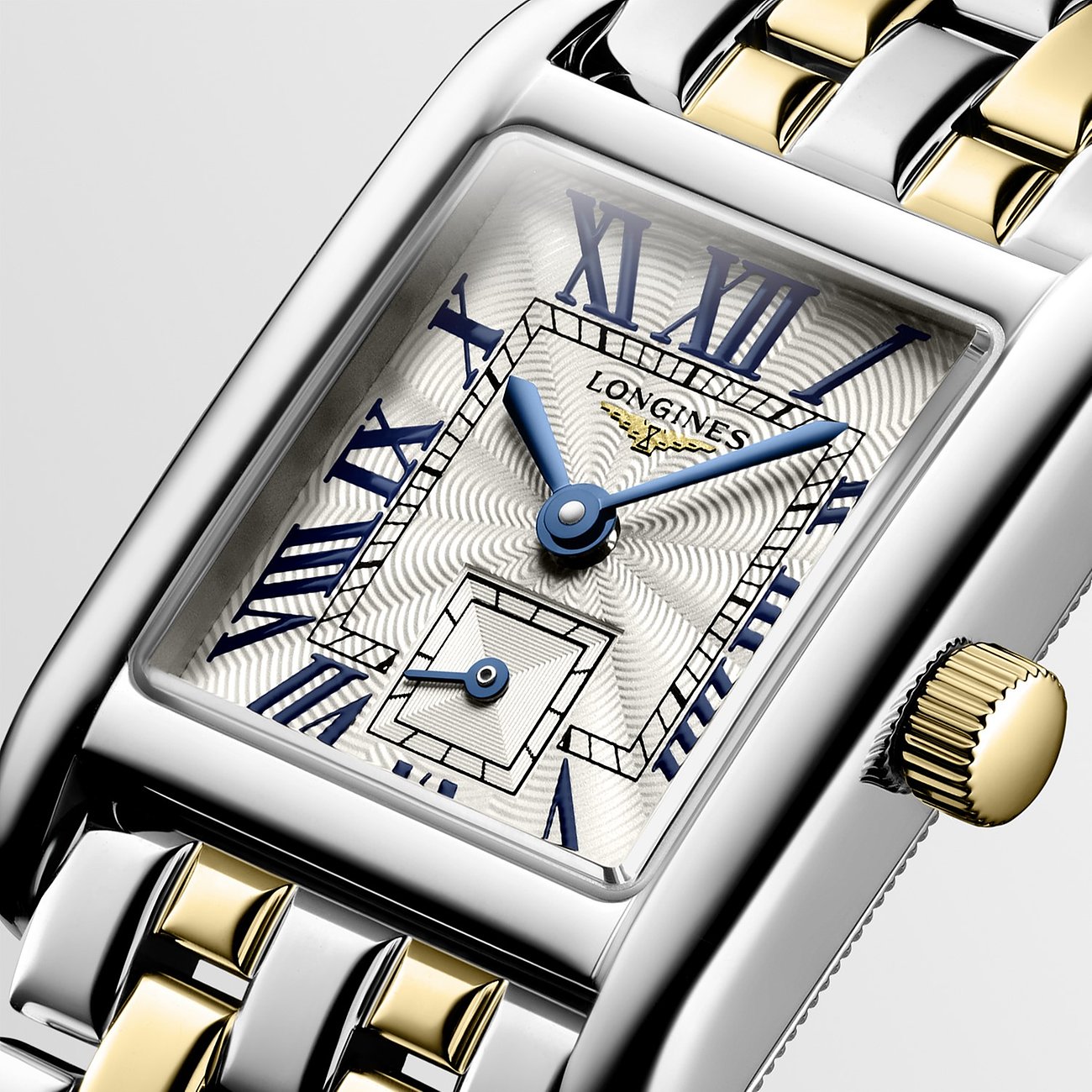 Longines Damenuhr mit Edelstahlgehäuse, bicolor, analog, mit römischen Ziffern.